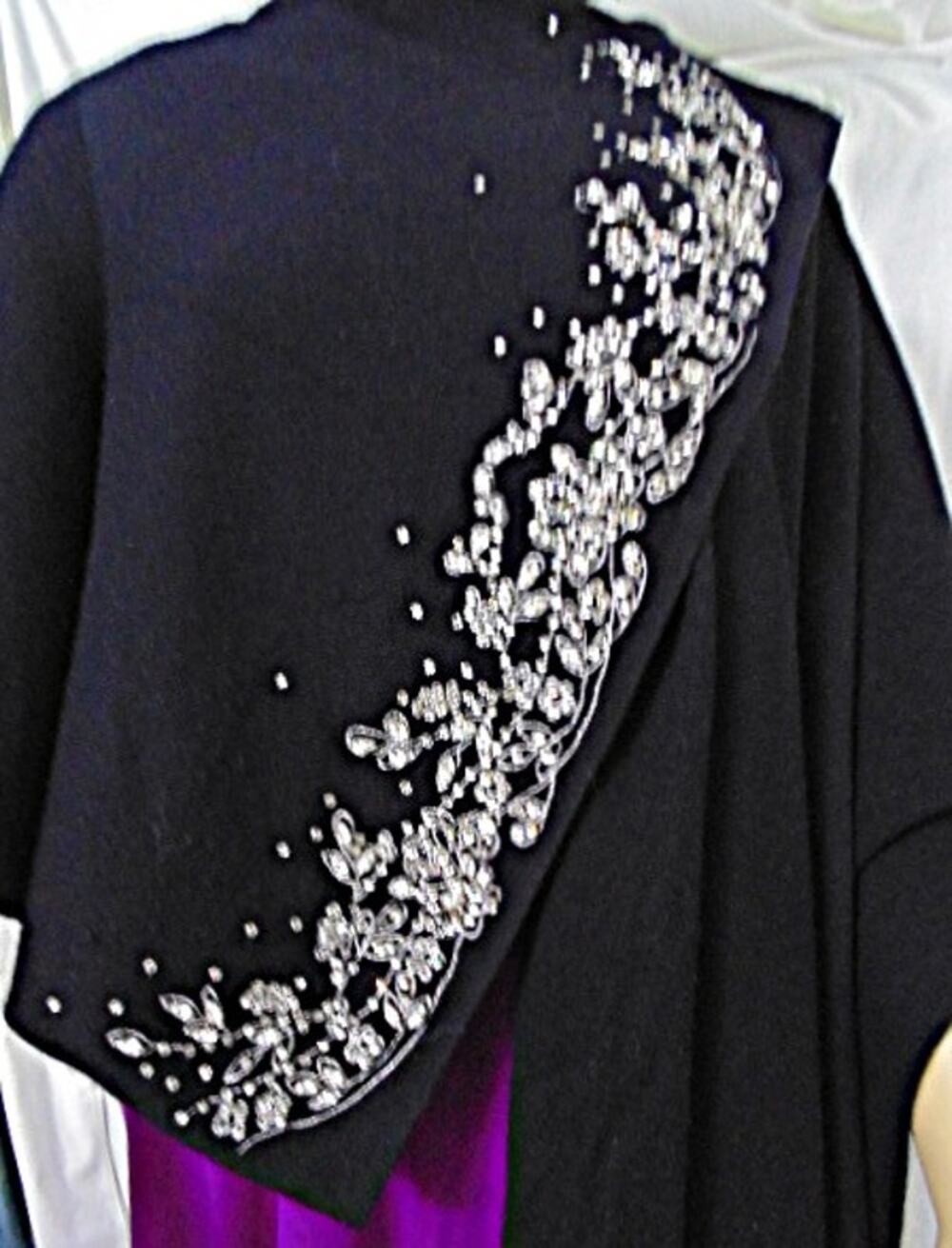 Vtg Old Hollywood Glam Black Cashmere SHAWL RHINESTONE Embellished Luxury Wrap
